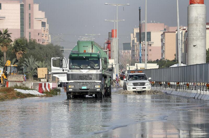 DUBAI , UNITED ARAB EMIRATES , JAN 09 – 2018 :- Water logging because of last night rain near the under construction Dubai Metro site in Discovery Gardens area in Dubai.  (Pawan Singh / The National) For News. 