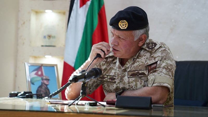Jordan's King Abdullah II speaks during his visit to the Eastern Military Zone in February. RHC