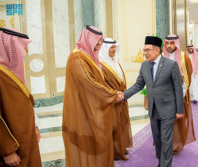 Malaysian Prime Minister Anwar Ibrahim arrives at Al Yamamah Palace in the Saudi capital Riyadh for talks with Crown Prince Mohammed bin Salman. SPA