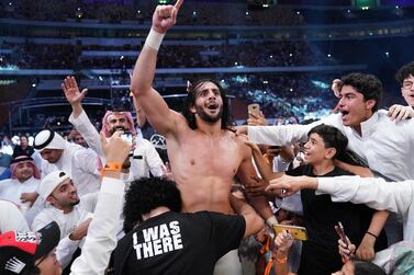 Mansoor Al Shehail celebrates his shock win in the 50-man Battle Royal at WWE Super ShakeDown in Jeddah. Image courtesy of WWE