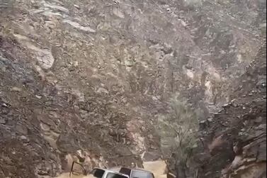 A video was widely shared on social media showing four vehicles being swept away by sudden floods at Wadi Shees in Sharjah.