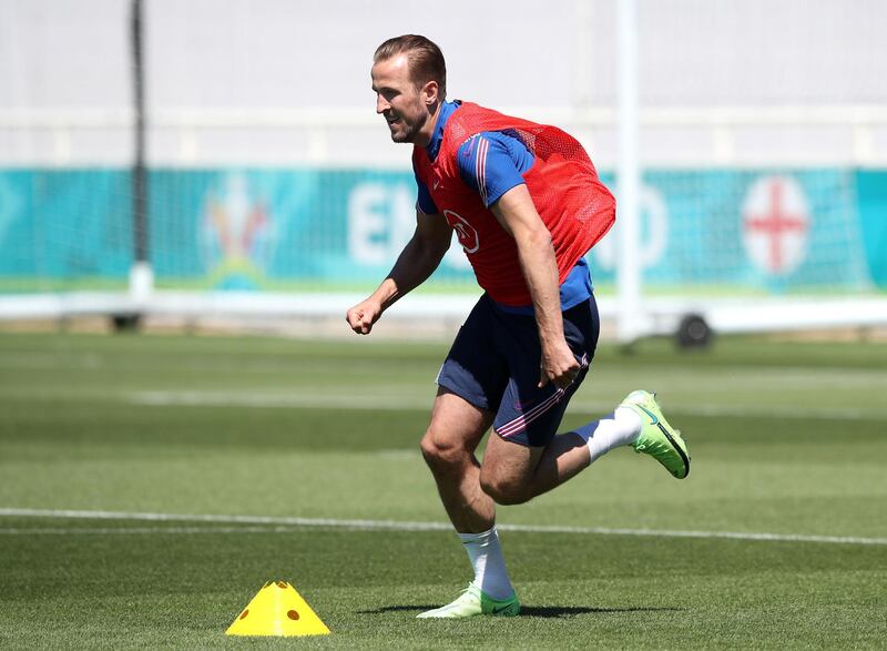 England captain Harry Kane during a training session at St George's Park, in Burton, on Wednesday, June 9. PA