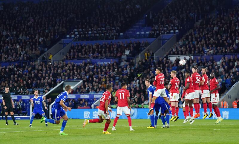 James Maddison scores Leicester City's third goal from a free-kick. PA