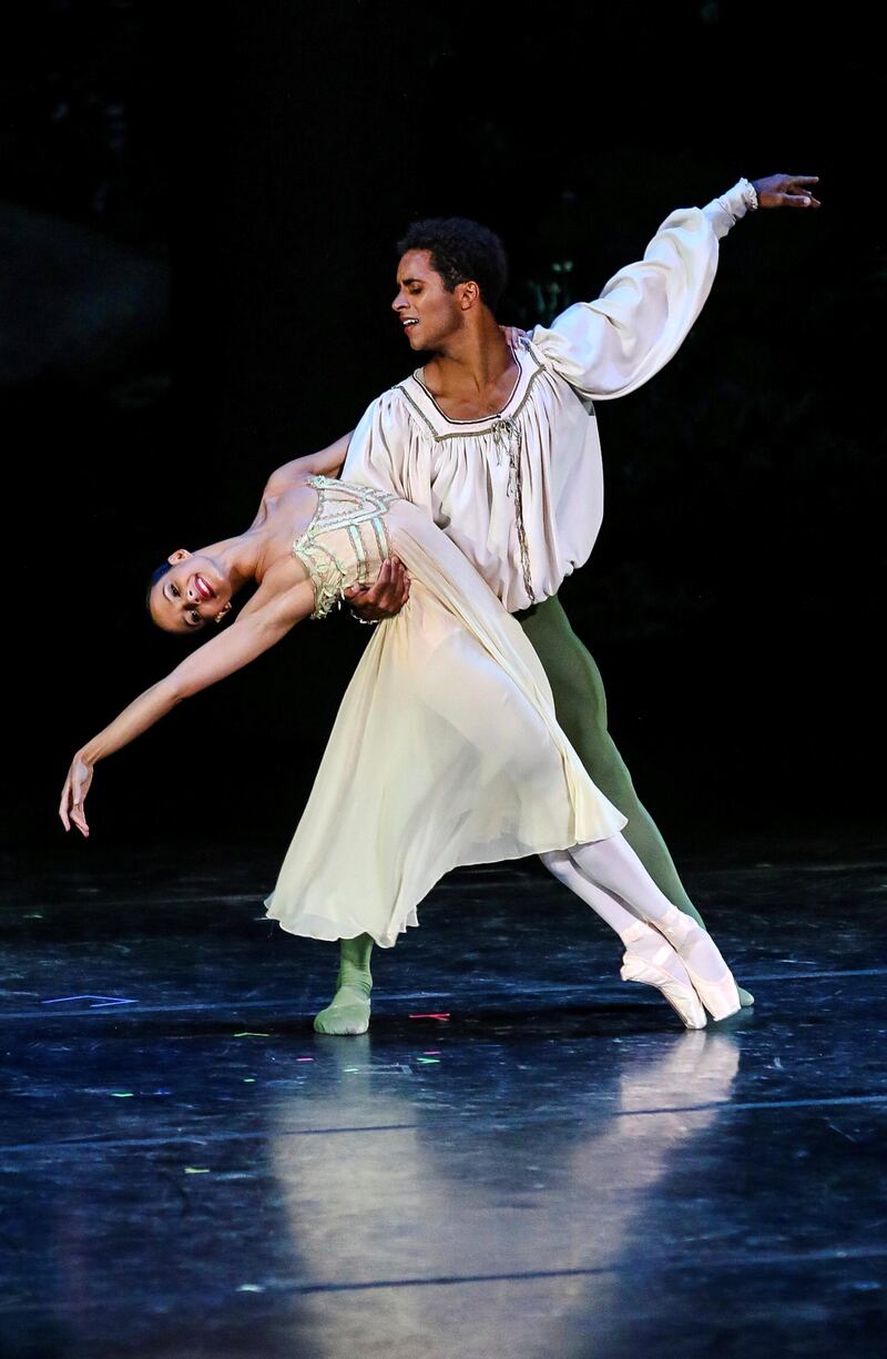 Misty Copeland and Herman Cornejo, of the American Ballet Theatre, perform "Romeo and Juliet" for the first night of International Evenings of Dance for the Vail Dance Festival on Friday, Aug. 3, 2018, in Vail, Colo. (Chris Dillmann/Vail Daily via AP)
