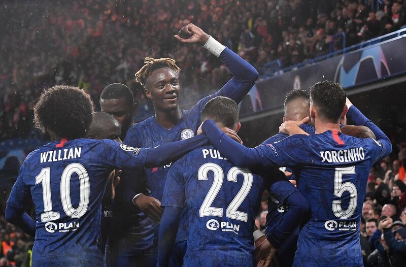 Chelsea's Tammy Abraham (C) celebrates. EPA