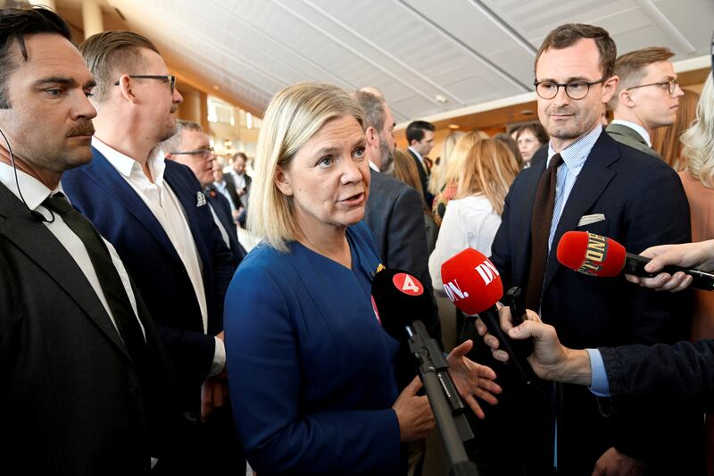 Sweden's Prime Minister Magdalena Andersson speaks to the media before the parliamentary debate on Swedish Nato membership, in Stockholm. Reuters