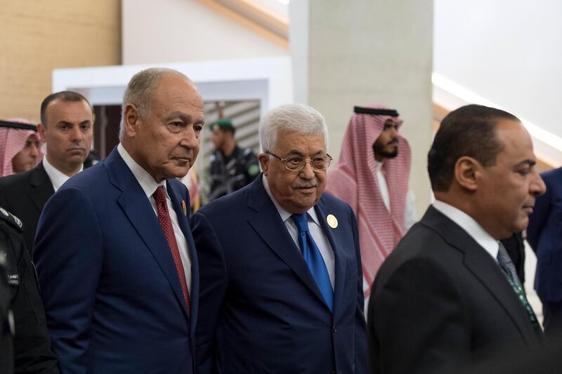 epa06671144 A handout photo made available by the Saudi Press Agency (SPA) shows Arab League Secretary General Ahmed Aboul Gheit (L) and Palestinian President Mahmoud Abbas (2-L) arriving to attend the 29th Arab Summit, in Dhahran, Saudi Arabia, 15 April 2018. The summit is held one day after the US, France, and Britain launched strikes against Syria on 14 April in response to Syria's suspected chemical weapons attack. Arab leaders are also expected to discuss tension with Iran, Palestinian issue, and developments in Yemen, Lebanon and Libya.  EPA/SAUDI PRESS AGENCY HANDOUT  HANDOUT EDITORIAL USE ONLY/NO SALES
