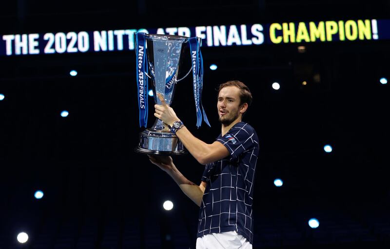 Daniil Medvedev lifts the ATP Finals trophy. Getty Images
