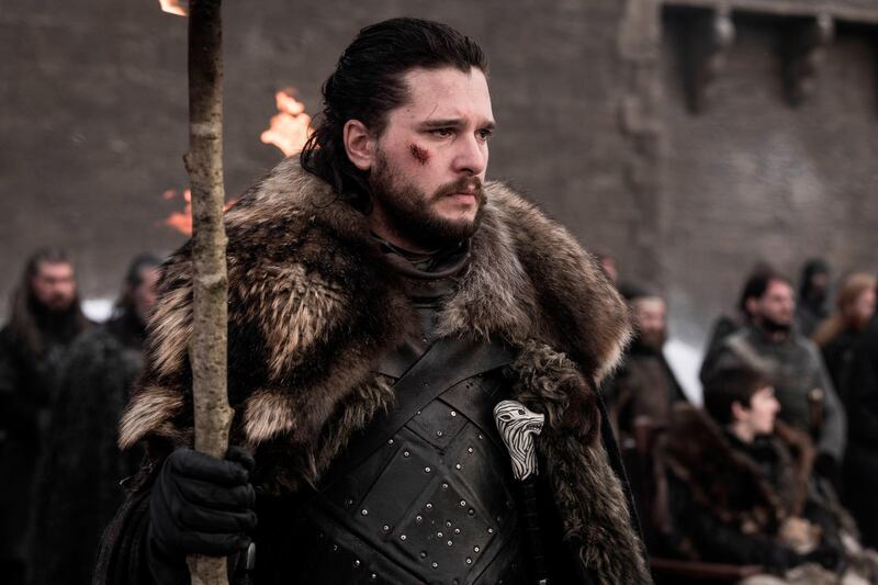 This image released by HBO shows Kit Harington in a scene from "Game of Thrones."  On Tuesday, July 16, 2019, Harington was nominated for an Emmy Award for outstanding lead actor in a drama series.  (HBO via AP)
