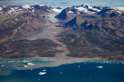 A glacier around "Constable Point" severely melted due to warm temperatures along the Scoresby Sound Fjord in  Greenland, on August 11, 2023. AFP