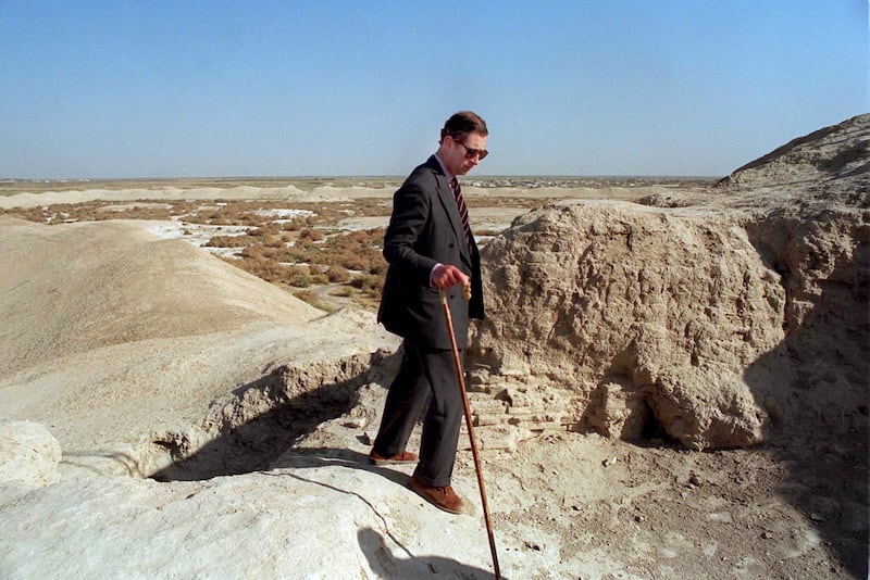 Prince Charles explores Sultan Kala, an ancient city in Merv, Turkmenistan, in 1996. 