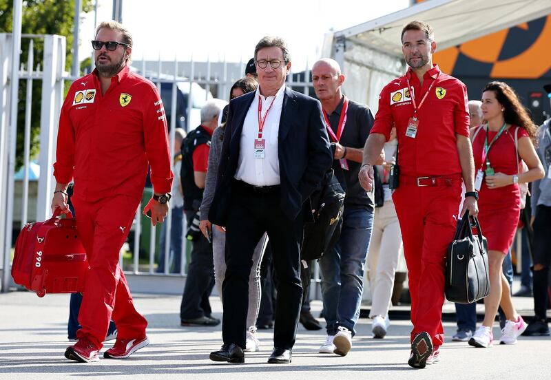 MONZA, ITALY - SEPTEMBER 07: Ferrari CEO Louis C. Camilleri (centre) walks in the Paddock before final practice for the F1 Grand Prix of Italy at Autodromo di Monza on September 07, 2019 in Monza, Italy. (Photo by Charles Coates/Getty Images)
