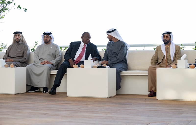 Sheikh Mohamed bin Zayed meets Kenya's President Uhuru Kenyatta at Qasr Al Bahr in Abu Dhabi.