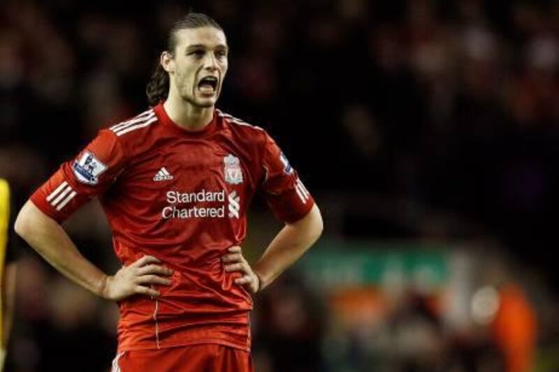 Liverpool's Andy Carroll reacts after missing a chance to score during their English Premier League soccer match against Blackburn Rovers at Anfield in Liverpool, northern England, December 26, 2011. REUTERS/Phil Noble (BRITAIN - Tags: SPORT SOCCER) FOR EDITORIAL USE ONLY. NOT FOR SALE FOR MARKETING OR ADVERTISING CAMPAIGNS. NO USE WITH UNAUTHORIZED AUDIO, VIDEO, DATA, FIXTURE LISTS, CLUB/LEAGUE LOGOS OR "LIVE" SERVICES. ONLINE IN-MATCH USE LIMITED TO 45 IMAGES, NO VIDEO EMULATION. NO USE IN BETTING, GAMES OR SINGLE CLUB/LEAGUE/PLAYER PUBLICATIONS *** Local Caption ***  PNN11_SOCCER-ENGLAN_1226_11.JPG