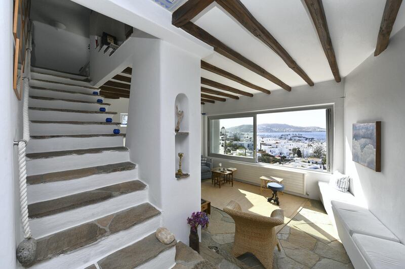Town Elegance, listed by Greece Sotheby’s International Realty, has three bedrooms and is located in Mykonos Town