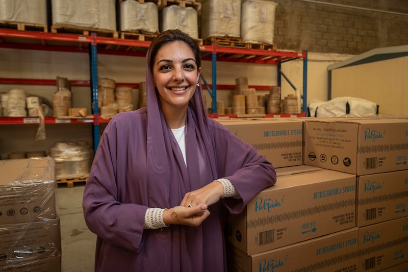 Emirati entrepreneur Lamis Al Hashimy is on a mission to stop the use of single-use plastic and has built a business centred around biodegradable product made with discarded leaves of date palm trees. All photos: Antonie Robertson / The National