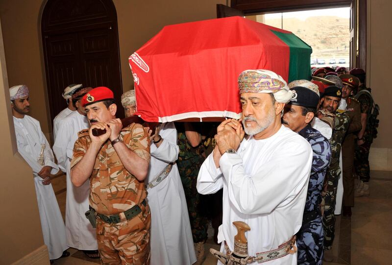 In this photo made available by Oman News Agency, Oman's new sultan Haitham bin Tariq Al Said, right, carries the Sultan Qaboos' coffin at Sultan Qaboos Grand Mosque in Muscat, Oman. Sultan Qaboos bin Said, the Mideast's longest-ruling monarch who seized power in a 1970 palace coup and pulled his Arabian sultanate into modernity while carefully balancing diplomatic ties between adversaries Iran and the U.S., has died. He was 79. AP