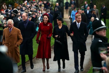 Britain's Prince Charles, Prince William, Catherine, Prince Harry and Meghan arrive at St Mary Magdalene's church in eastern England. Reuters