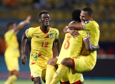 Soccer Football - Africa Cup of Nations 2019 - Group F - Benin v Cameroon - Ismailia Stadium, Ismailia, Egypt - July 2, 2019  Benin's Khaled Adenon, David Kiki and Olivier Verdon celebrate after the match  REUTERS/Amr Abdallah Dalsh