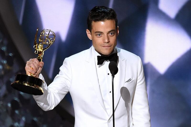 Rami Malek with his trophy during the 68th Annual Primetime Emmy Awards in Los Angeles. Kevin Winter / Getty Images / AFP