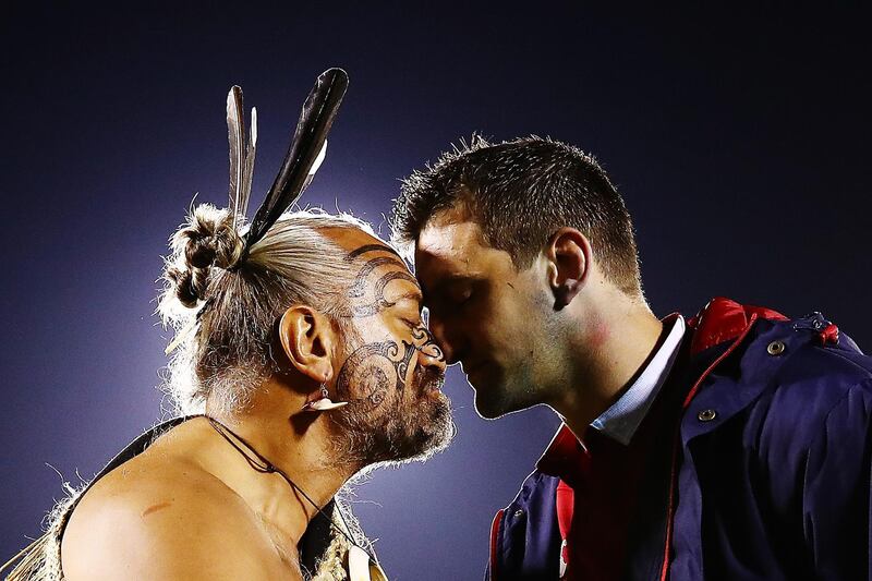 Warburton receives a hongi from a Maori Chief after winning the match between the New Zealand Provincial Barbarians and British & Irish Lions at Toll Stadium in Whangarei, New Zealand, on June 3, 2017. Getty Images