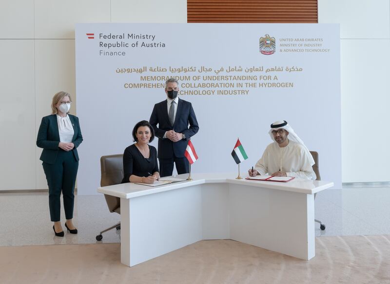 Dr Sultan Al Jaber, Minister of Industry and Advanced Technology and managing director and group chief executive of Adnoc, and Elisabeth Koestinger, Austria’s Minister of Agriculture, Regions and Tourism, signed the deal in the presence of Karl Nehammer, centre, Austria’s Chancellor, and Leonore Gewesler, Minister for Climate Action, Environment, Energy, Mobility, Innovation and Technology. Photo: MoIAT