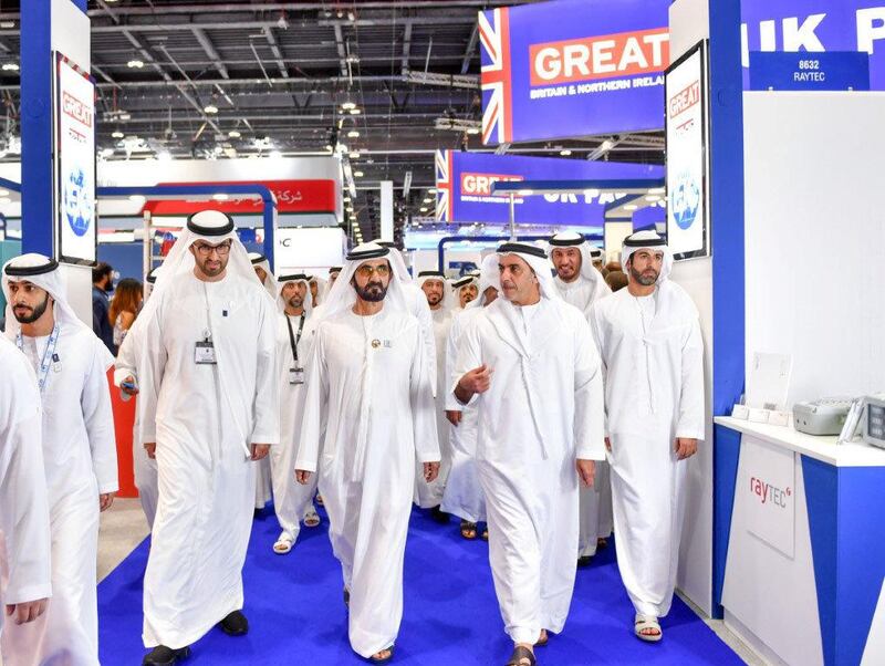 Sheikh Mohammed bin Rashid Al Maktoum, Vice President, Prime Minister and Ruler of Dubai, visited today the 35th edition of Abu Dhabi International Petroleum Exhibition and Conference, ADIPEC 2019, along with Sheikh Saif bin Zayed, Deputy Prime Minister and Minister of Interior and Dr. Sultan Ahmed Al Jaber, Minister of State and Group CEO of the Abu Dhabi National Oil Company, ADNOC which is taking place at ADNEC in Abu Dhabi. WAM