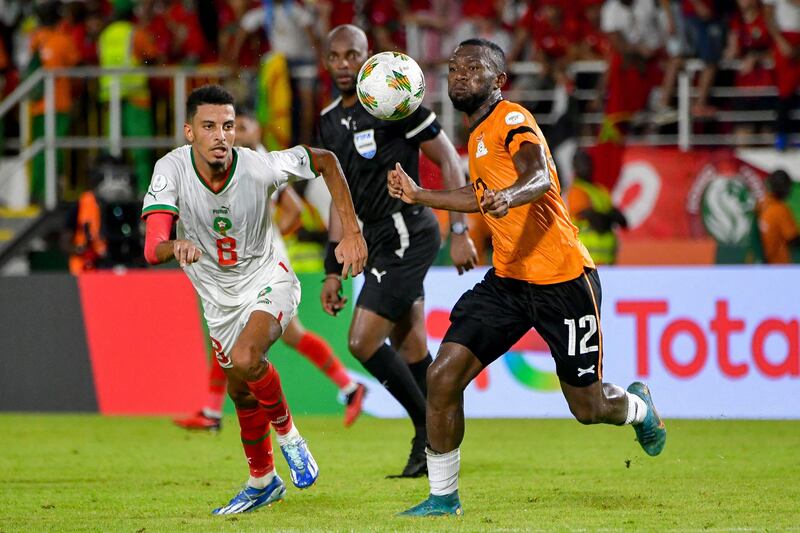 Morocco's Azzedine Ounahi fights for the ball with Zambia's Emmanuel Banda in San Pedro. AFP