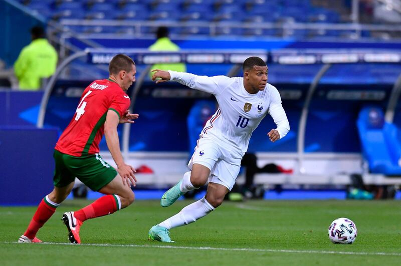 France forward Kylian Mbappe runs with the ball during the friendly against Bulgaria. Getty Images