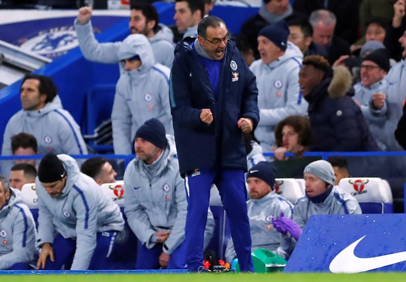 Chelsea manager Maurizio Sarri celebrates after the victory over Manchester City. Reuters