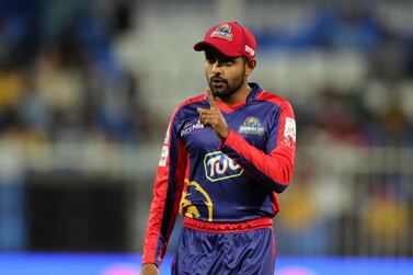 Sharjah, United Arab Emirates - February 21, 2019: Karachi's Babar Azam during the game between Peshawar Zalmi and Karachi Kings in the Pakistan Super League. Thursday the 21st of February 2019 at Sharjah Cricket Stadium, Sharjah. Chris Whiteoak / The National