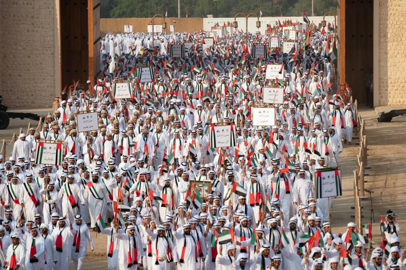 AL WATHBA, ABU DHABI, UNITED ARAB EMIRATES - December 03, 2019: Tribes participate in the Union March, during the Sheikh Zayed Heritage Festival. 

( Rashed Al Mansoori / Ministry of Presidential Affairs )
---