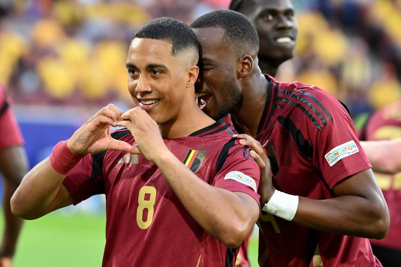 Belgium midfielder Youri Tielemans celebrates after scoring the opening goal during the Euro 2024 Group E match between Belgium and Romania. AFP