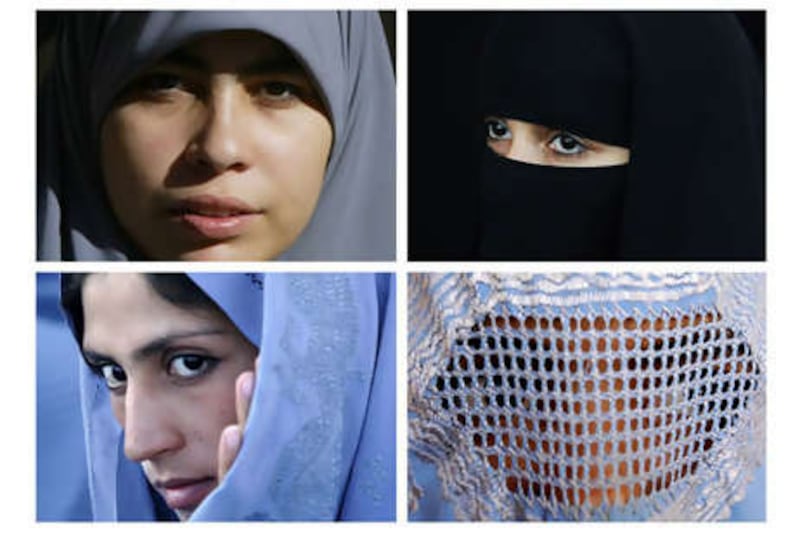 Muslim women wearing various types of Islamic veils, including a hijab, top left, a niqab, top right, a Tchador, bottom left, and a burqa.