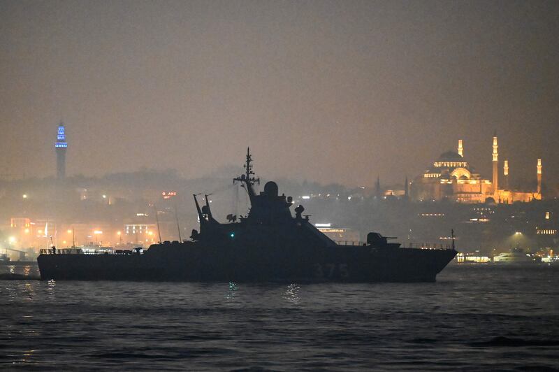 A Russian Navy patrol vessel sails past Istanbul on the Bosphorus Strait on its way to the Black Sea on February 16. AFP
