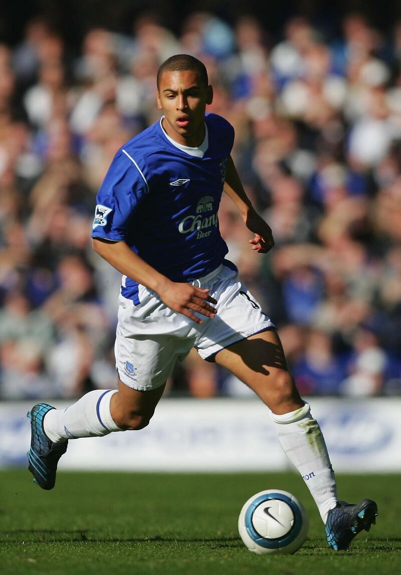 LIVERPOOL, ENGLAND - APRIL 10: James Vaughan of Everton, who made his debut as the youngest player in the history of the club, in action during the Barclays Premiership match between Everton and Crystal Palace at Goodison Park on April 10, 2005 in Liverpool, England.  (Photo by Alex Livesey/Getty Images)