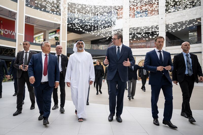 Sheikh Khaled bin Mohamed, Crown Prince of Abu Dhabi, walks with Serbian President Aleksandar Vucic, centre-right, and Hungarian Prime Minister Victor Orban, left, at the Belgrade Waterfront. All photos: Abu Dhabi Media Office