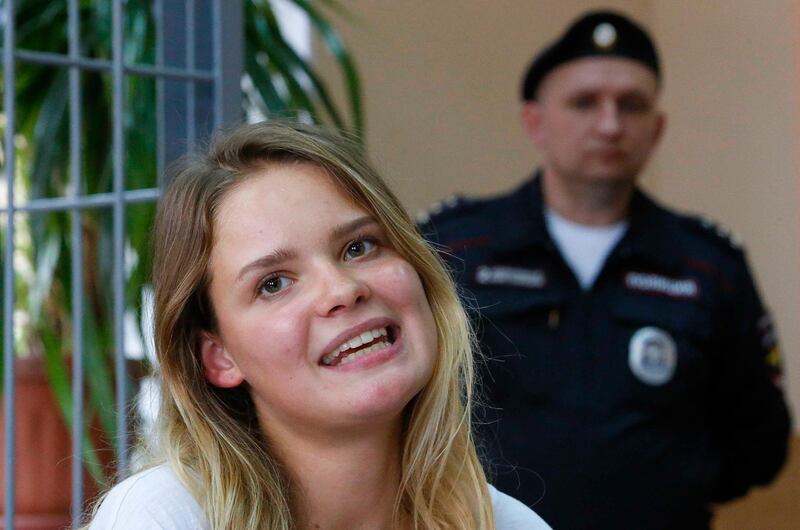 Veronika Nikulshina, one of four intruders affiliated to anti-Kremlin punk band Pussy Riot who ran onto the pitch during the World Cup final between France and Croatia, attends a court hearing in Moscow, Russia July 16, 2018. REUTERS/Sergei Karpukhin