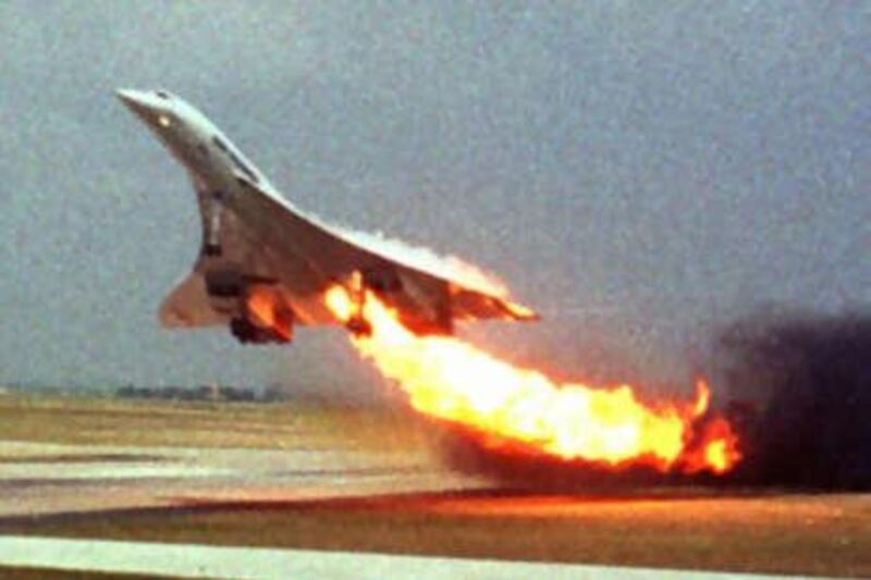 Air France Concorde flight 4590 takes off with fire trailing from its engine from Charles de Gaulle airport in 2000 shortly before it crashed.