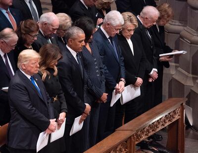 epa07210876 (L-R) US President Donald J. Trump, First Lady Melania Trump, Former US President Barack Obama, Former First Lady Michelle Obama, Former US President Bill Clinton, Former US Secretary of State Hillary Clinton, Former US President Jimmy Carter and Former First Lady Rosalyn Carter attend the state funeral service of former President George H.W. Bush at the National Cathedral, in Washington, DC, USA, 05 December 2018. George H. W. Bush, the 41st President of the United States (1989-1993), died in his Houston, Texas, USA, home surrounded by family and friends on 30 November 2018. The body will return to Houston for another funeral service before being transported by train to the George Bush Presidential Library and Museum for internment.  EPA/Chris Kleponis / POOL