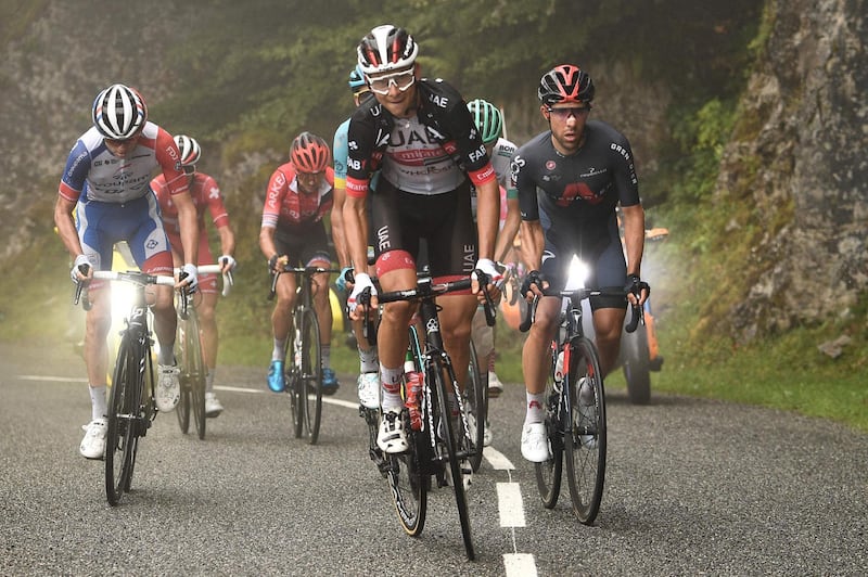 UAE Team Emirates rider Davide Formolo leads the escapees during the 9th stage . AFP