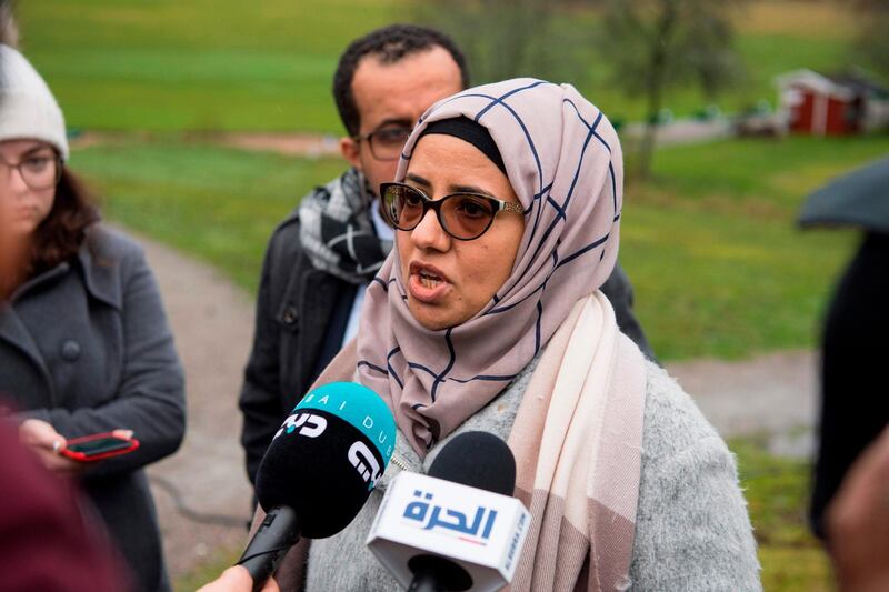 Rana Ghanem, member of a Yemeni government's delegation, speaks to journalists during the ongoing peace talks on Yemen held at Johannesberg Castle, in Rimbo, 50km north of Stockholm, Sweden, December 8, 2018.
 A Yemeni government official said that Huthi rebels were "not serious" on finding common ground to end the devastating war, three days into UN-brokered talks in Sweden. - Sweden OUT
 / AFP / TT NEWS AGENCY / Henrik MONTGOMERY
