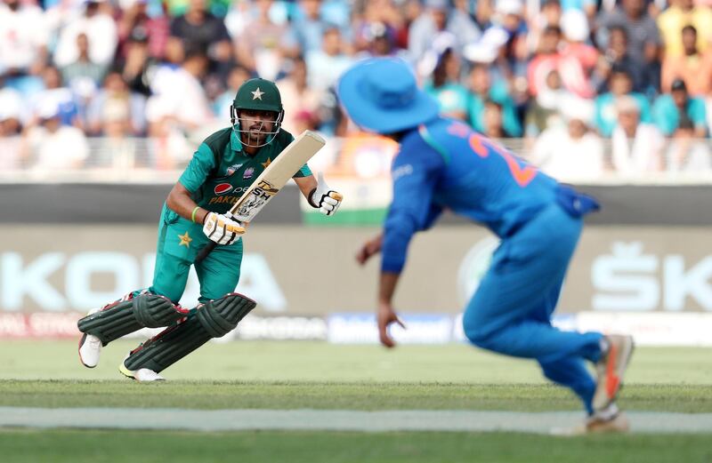 Dubai, United Arab Emirates - September 23, 2018: Pakistan's Babar Azam bats during the game between India and Pakistan in the Asia cup. Sunday, September 23rd, 2018 at Sports City, Dubai. Chris Whiteoak / The National
