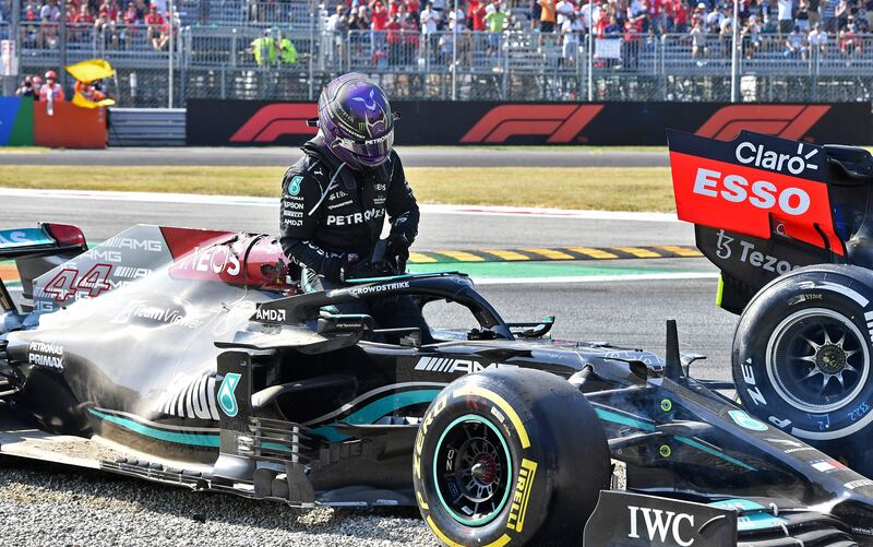 Mercedes' Lewis Hamilton after crashing out of the race with Red Bull's Max Verstappen. Reuters