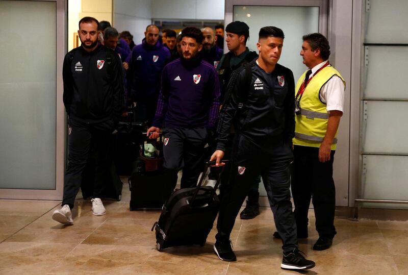 The River Plate squad arrive in Madrid ahead of the Copa Libertadores final to be played on Sunday at the Bernabeu against Buenos Aires rivals Boca Juniors. Reuters