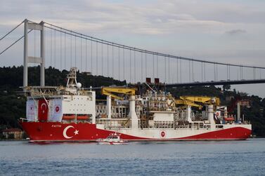 Turkey's drilling vessel Fatih sails in the Bosphorus, on its way to the Black Sea in Istanbul.  The recent discovery of a 320 billion cubic metre reserve in the Black Sea could transform the country into a net exporter by 2023. REUTERS