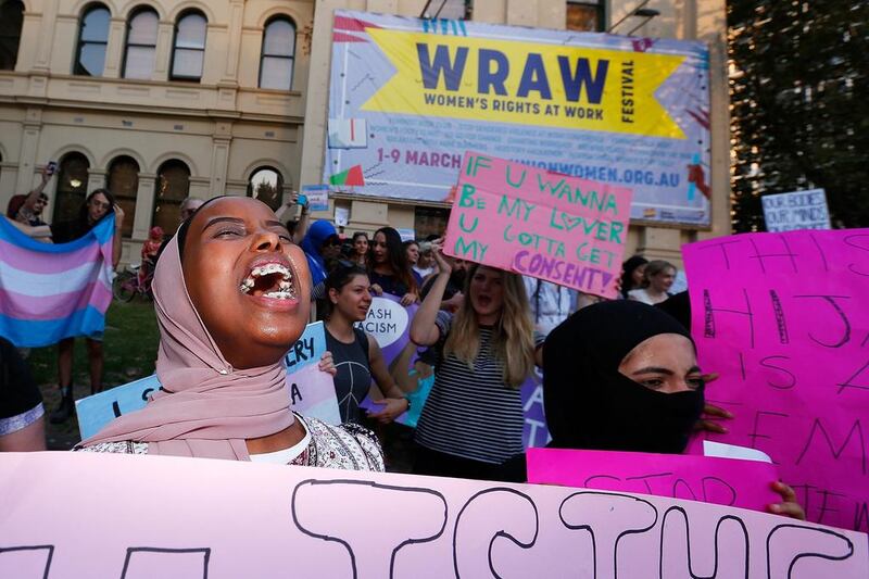 Young women gather at a rally for International Women’s Day in Melbourne, Australia. The movement for a women’s history month is gathering steam. Daniel Pockett / Getty Images