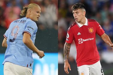 Erling Haaland of Manchester City looks on during the pre-season friendly match between Bayern Munich and Manchester City at Lambeau Field on July 23, 2022 in Green Bay, Wisconsin.  AFP  Lisandro Martinez of Manchester United in action during the Premier League match between Leicester City and Manchester United at The King Power Stadium on September 01, 2022 in Leicester, England. Getty Images