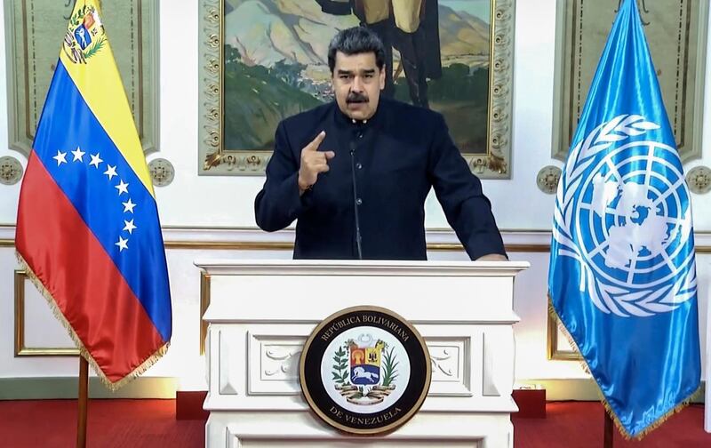 In this UNTV image, NicolÃ¡s Maduro Moros, President of Venezuela, speaks in a pre-recorded video message during the 75th session of the United Nations General Assembly, Wednesday, Sept. 23, 2020, at UN headquarters in New York. The U.N.'s first virtual meeting of world leaders started Tuesday with pre-recorded speeches from heads-of-state, kept at home by the coronavirus pandemic. (UNTV via AP)