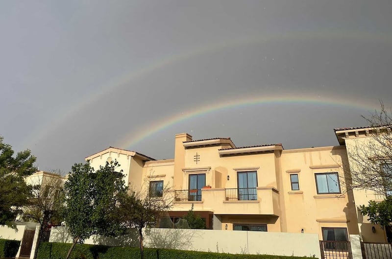 A double rainbow appears after heavy rainfall in Dubai. Sarah Forster / The National